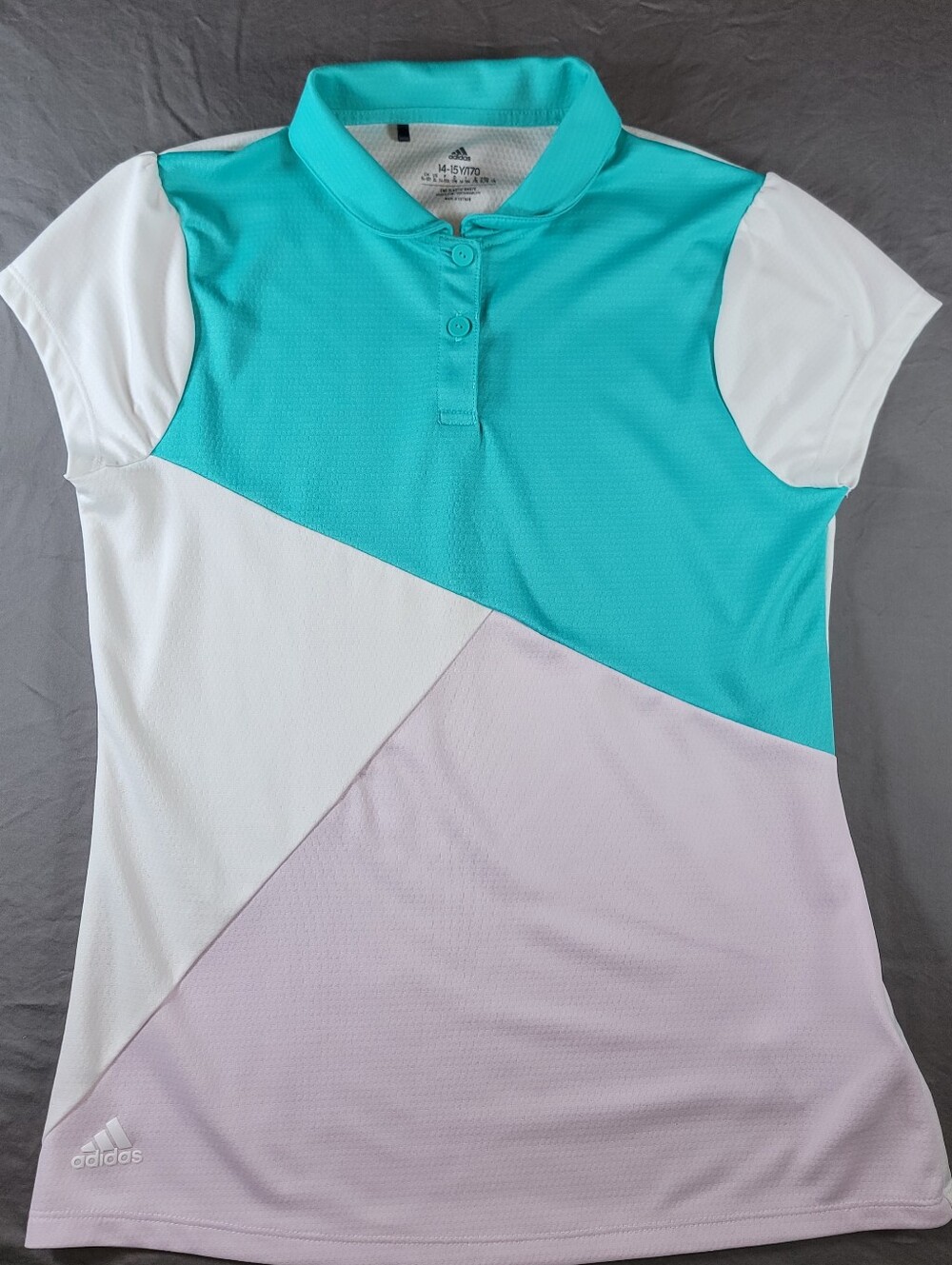 Adidas Women’s Teal, White & Lilac Colorblocks Golf Polo. Youth XLarge (14-15)